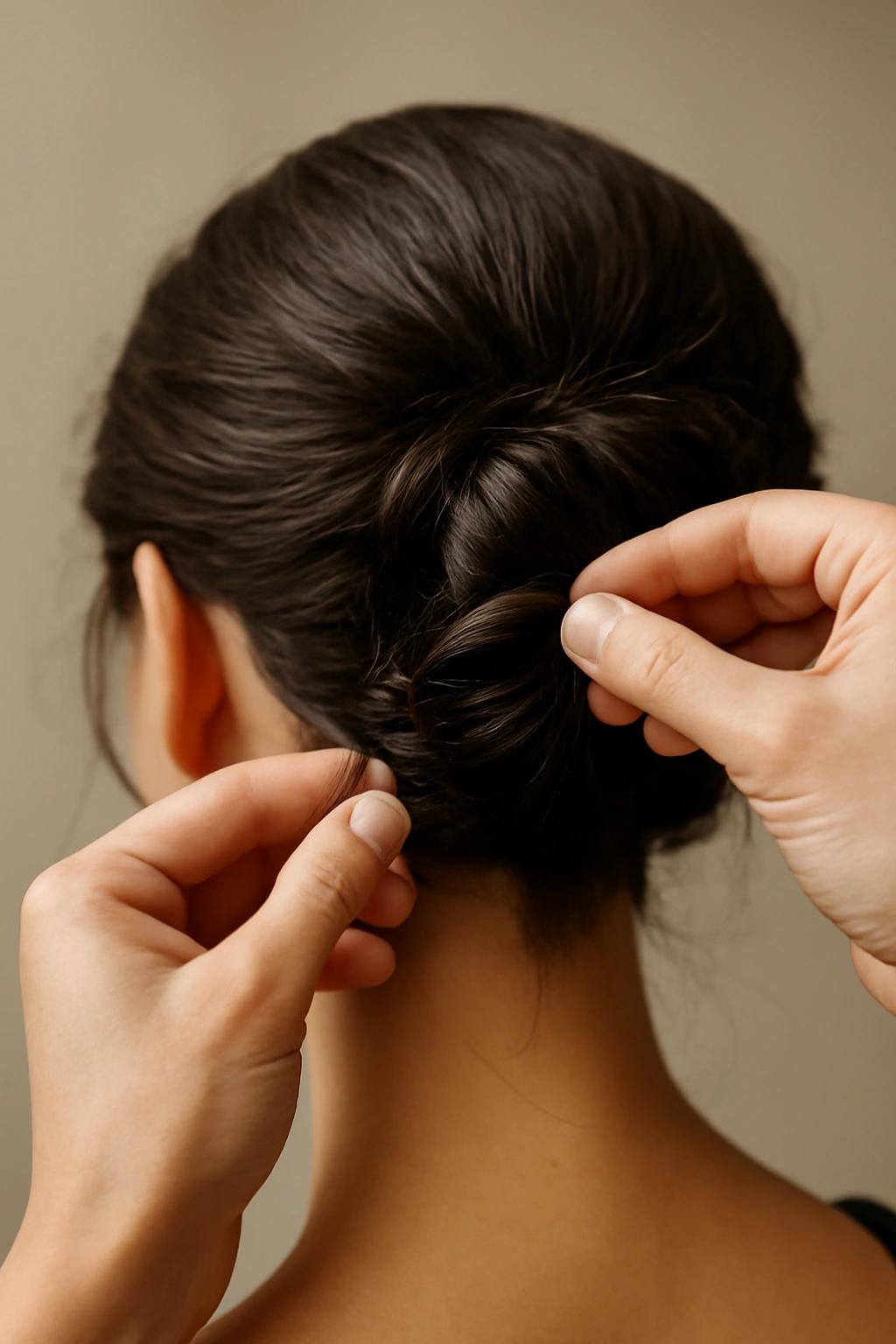 Hands pinning and adjusting hair to fix a loose updo.