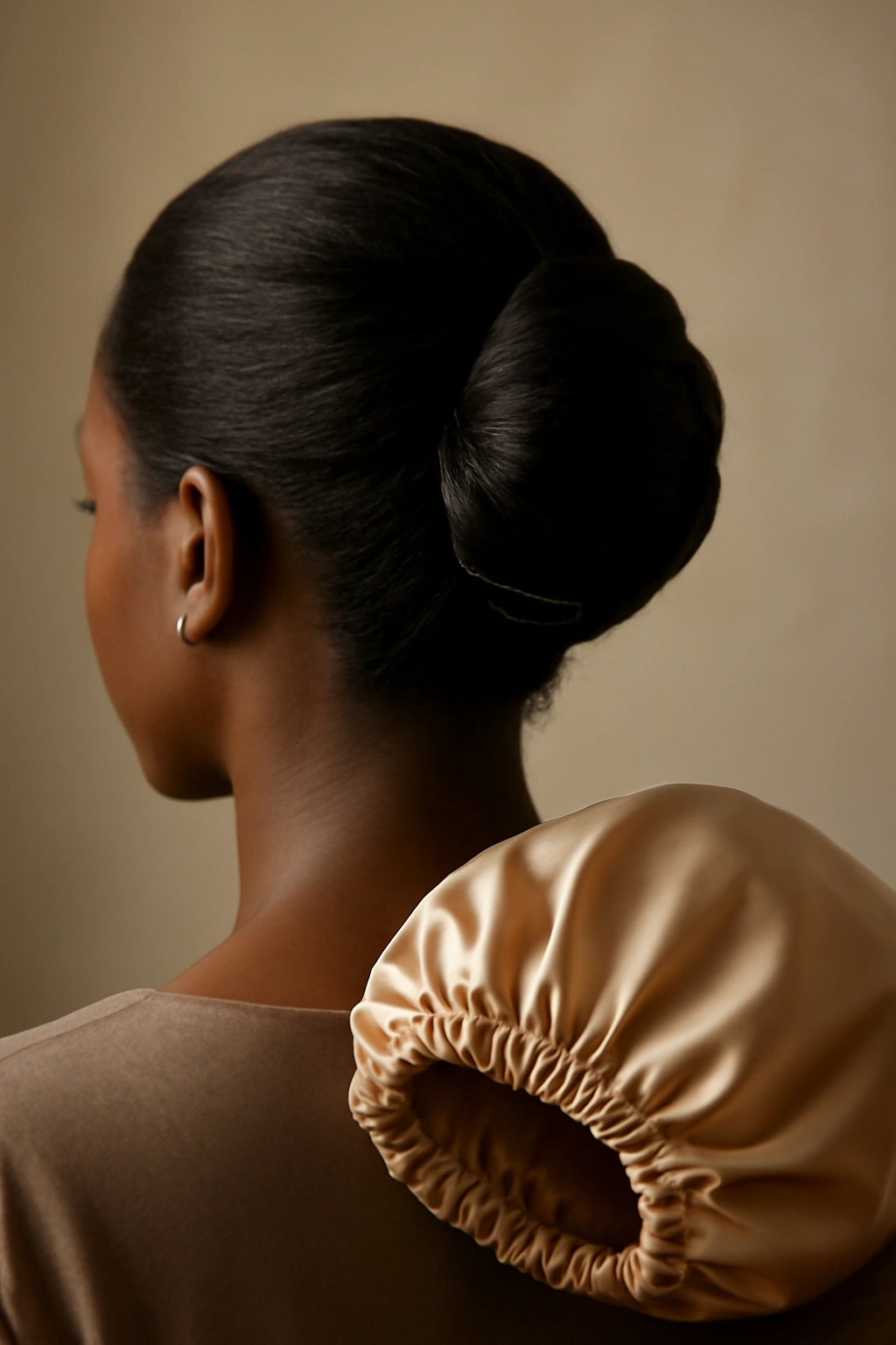 Close-up of a Black woman's head with a sleek French roll updo and a satin bonnet nearby in a studio.