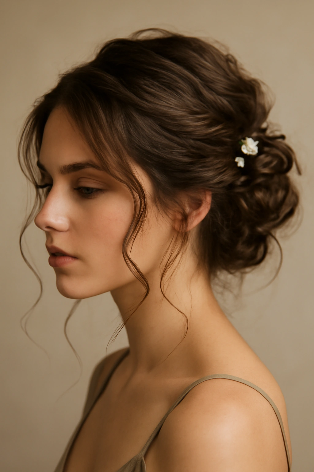 Close-up of textured updo with romantic loose tendrils framing the face