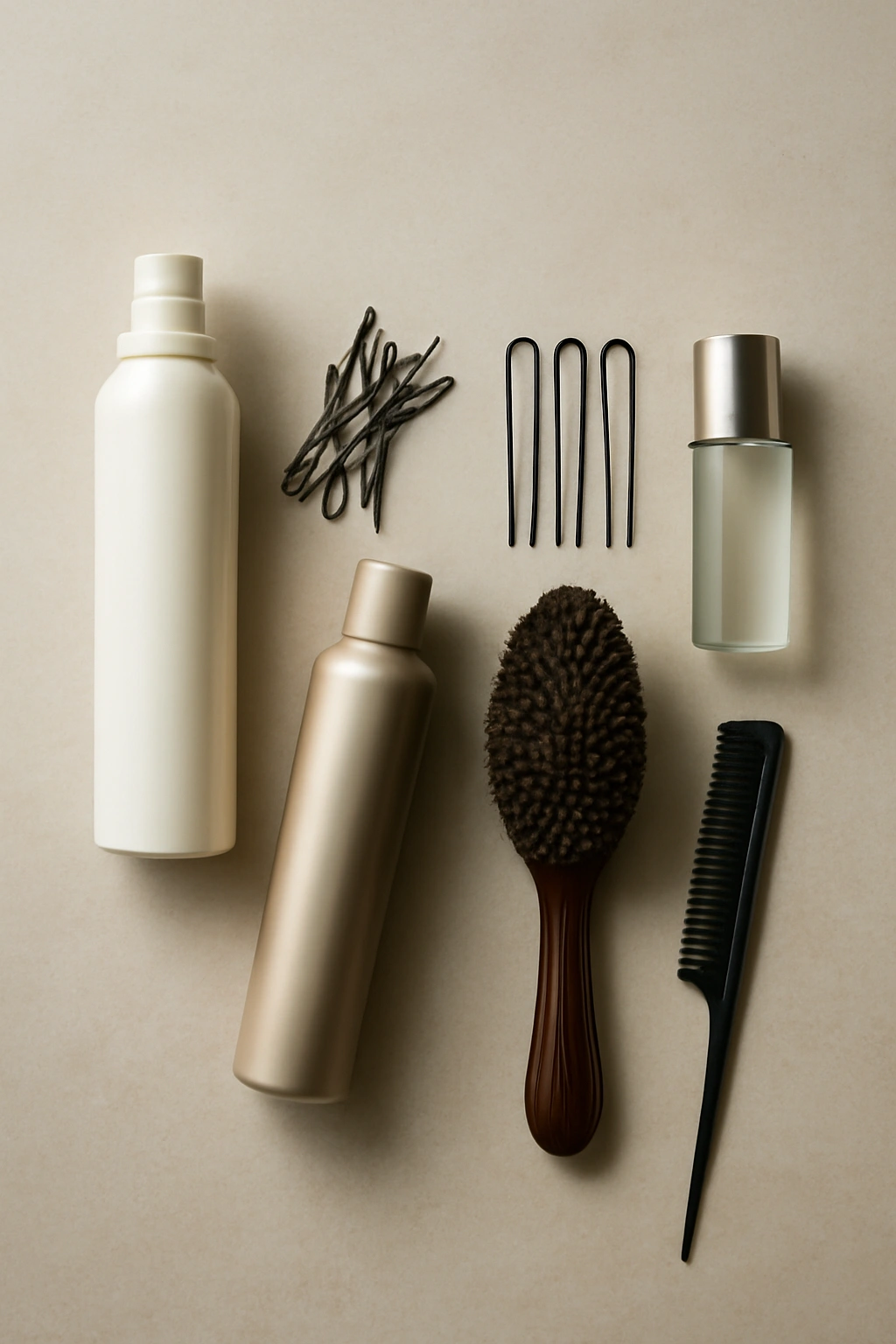 Flat lay of mousse, texturizing spray, pins, comb, brush, hairspray, and serum for updos.
