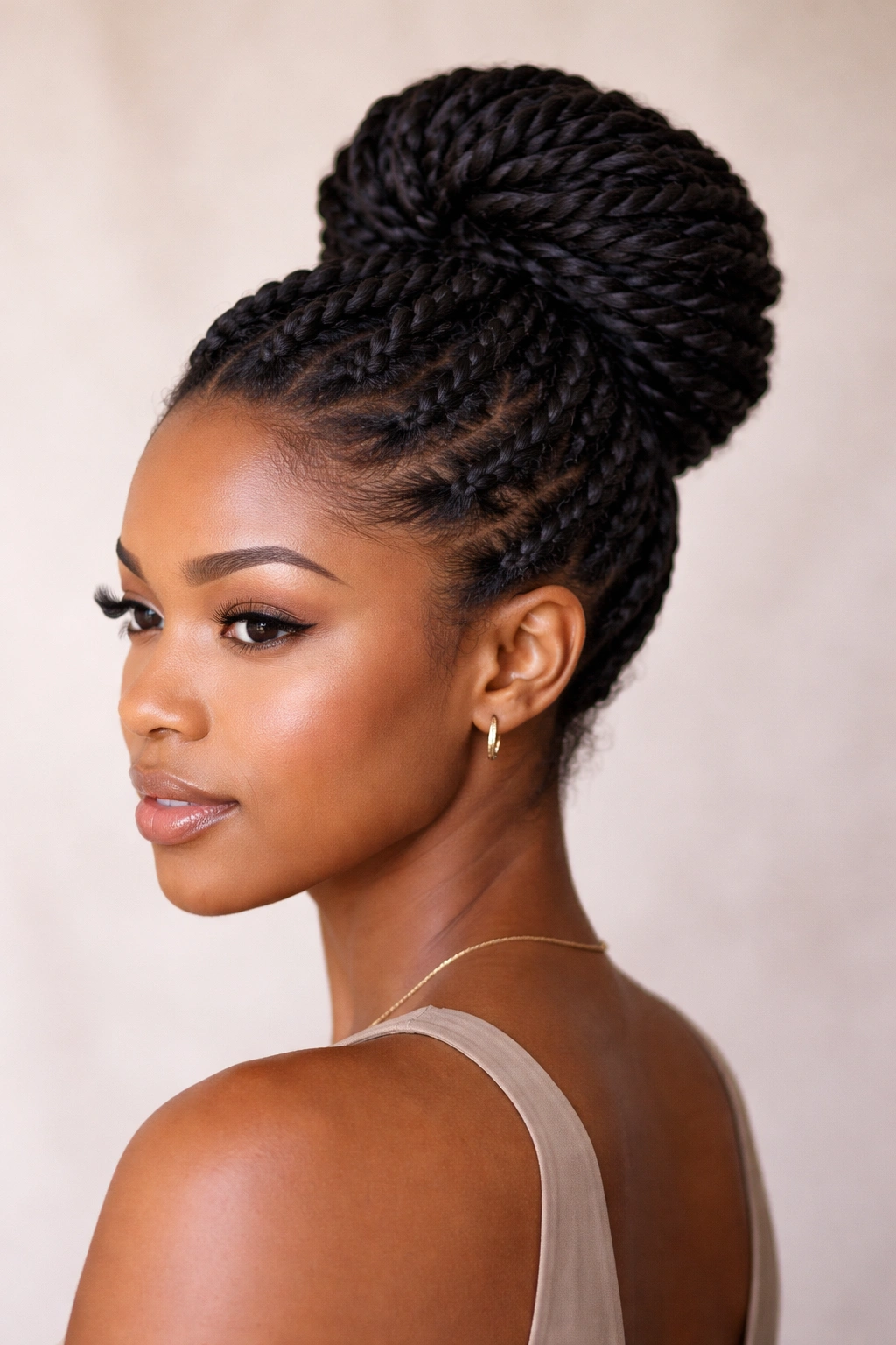 Updo twist bun formed from twisted hair at the crown