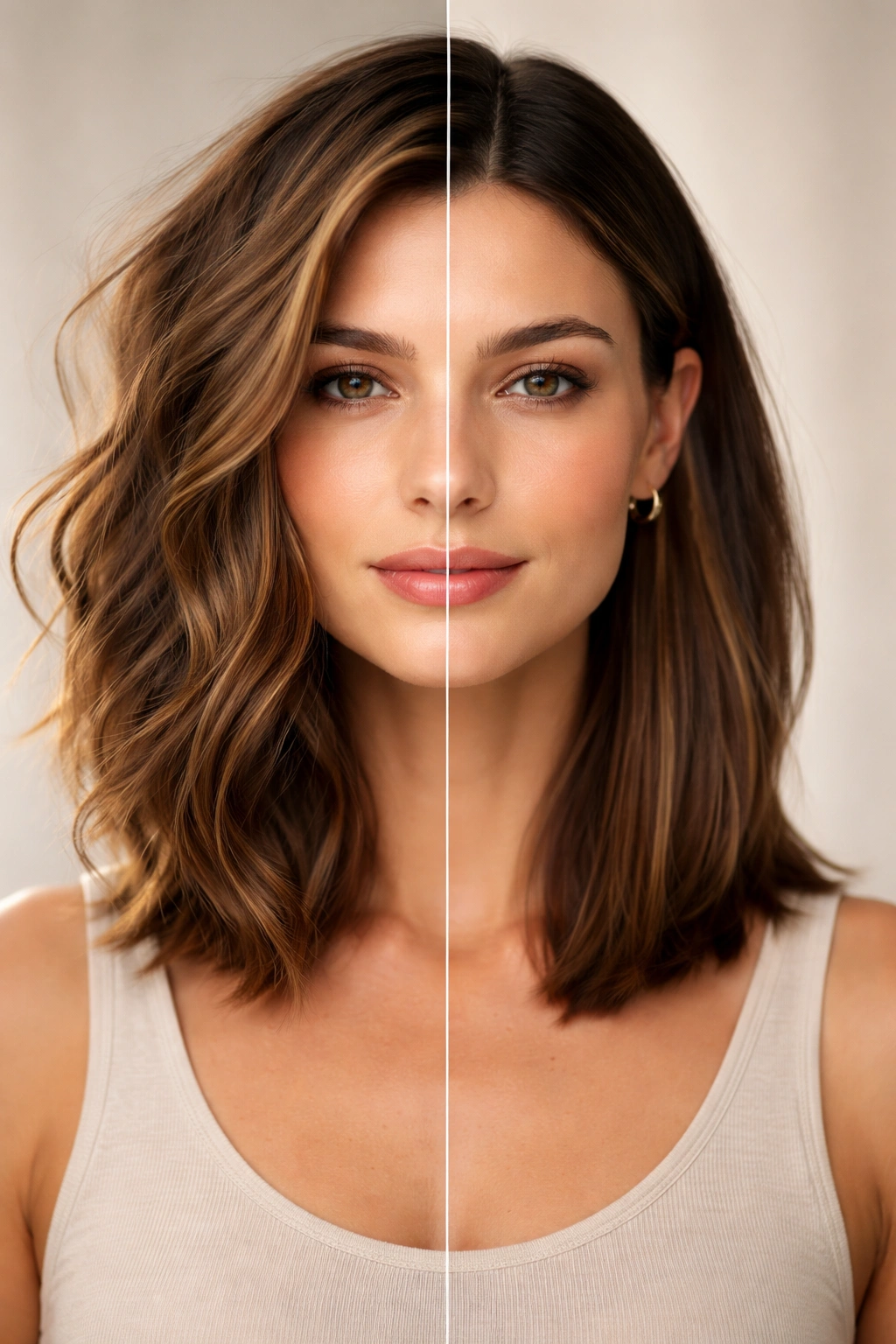 Mannequin head with two contrasting looks: tousled left, sleek right