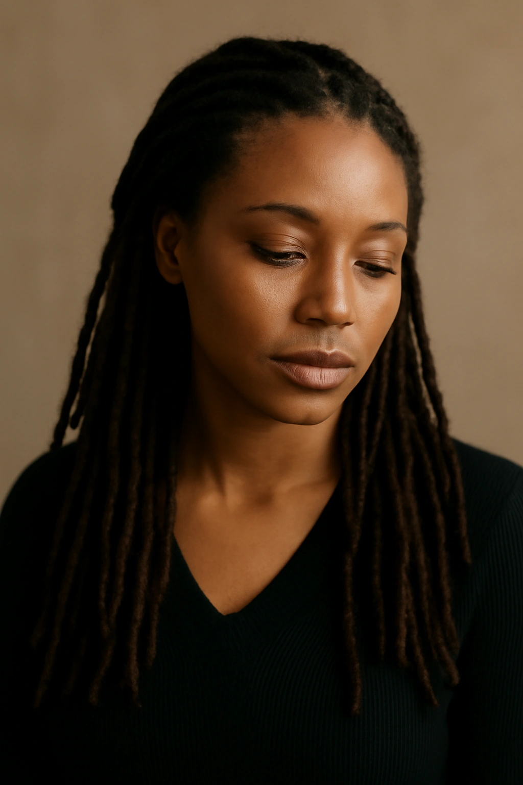 Thoughtful portrait of a person with locs symbolizing versatile styling