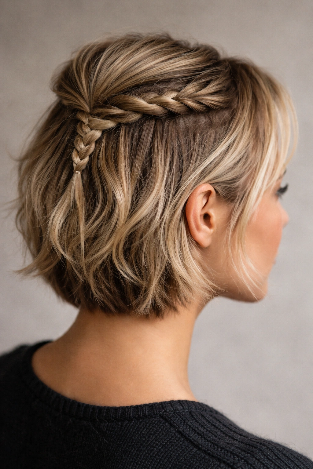 Head-and-shoulders portrait showing half-up twisted Viking braid on short hair