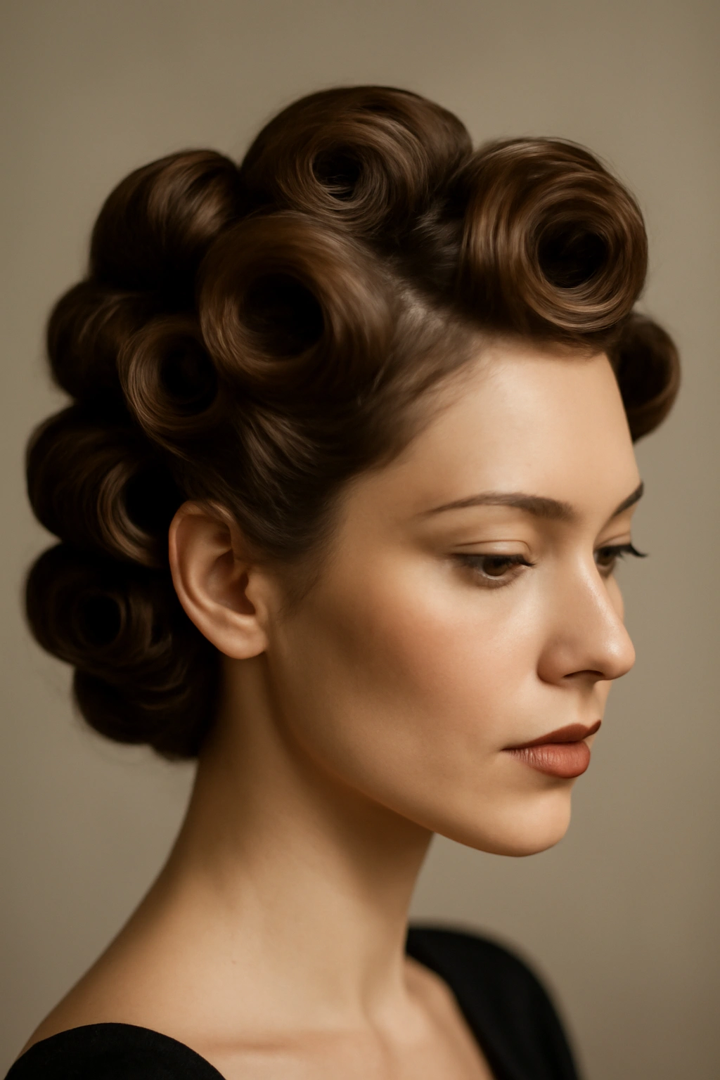 Close-up of vintage-inspired pin curls with varied sizes for modern volume