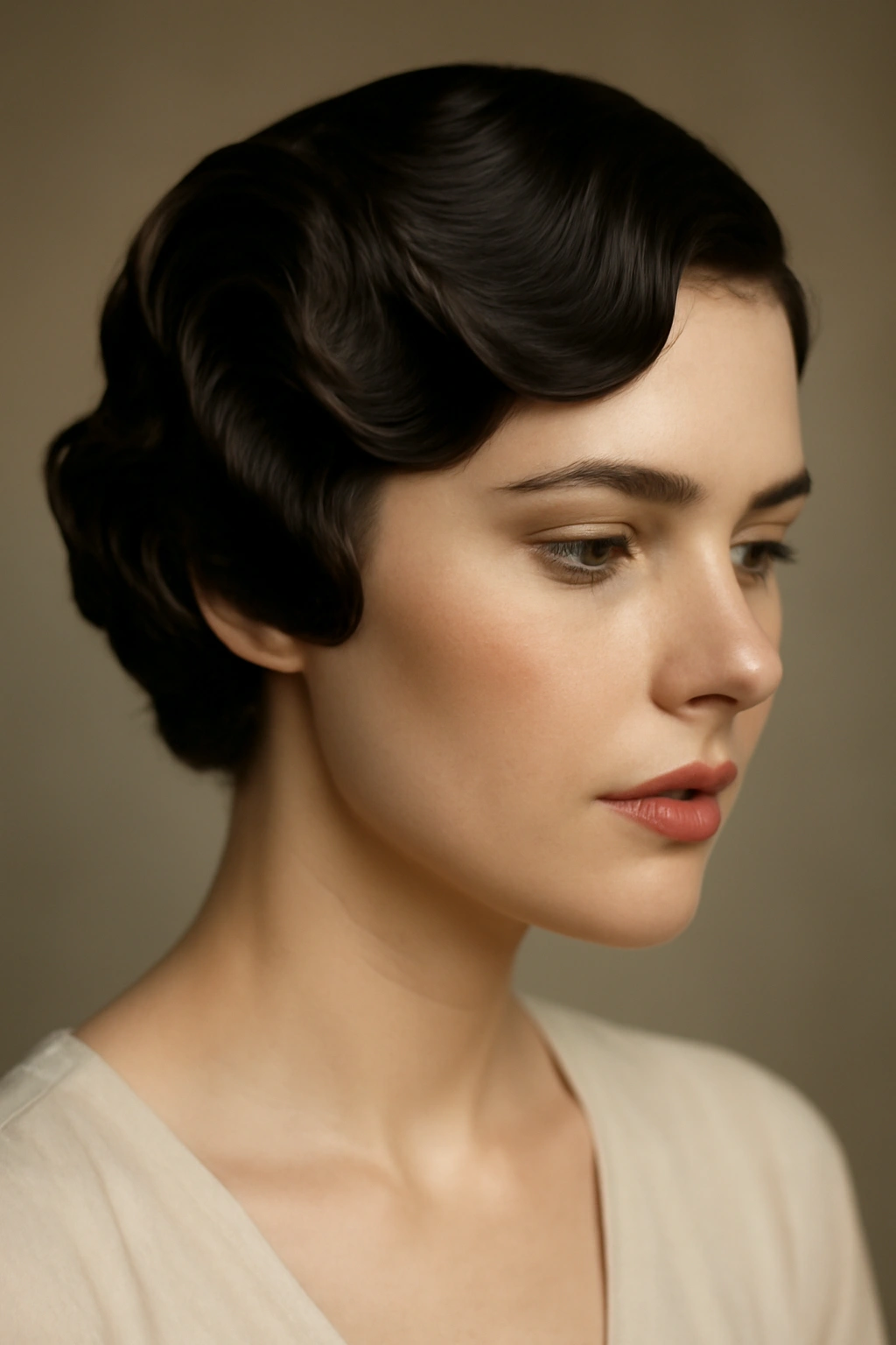 Close up portrait of a model with vintage waves in short hair featuring 1940s finger waves