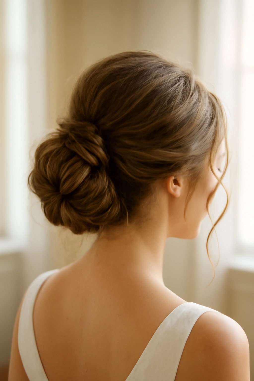 Voluminous bun with teased outer surface and soft strands