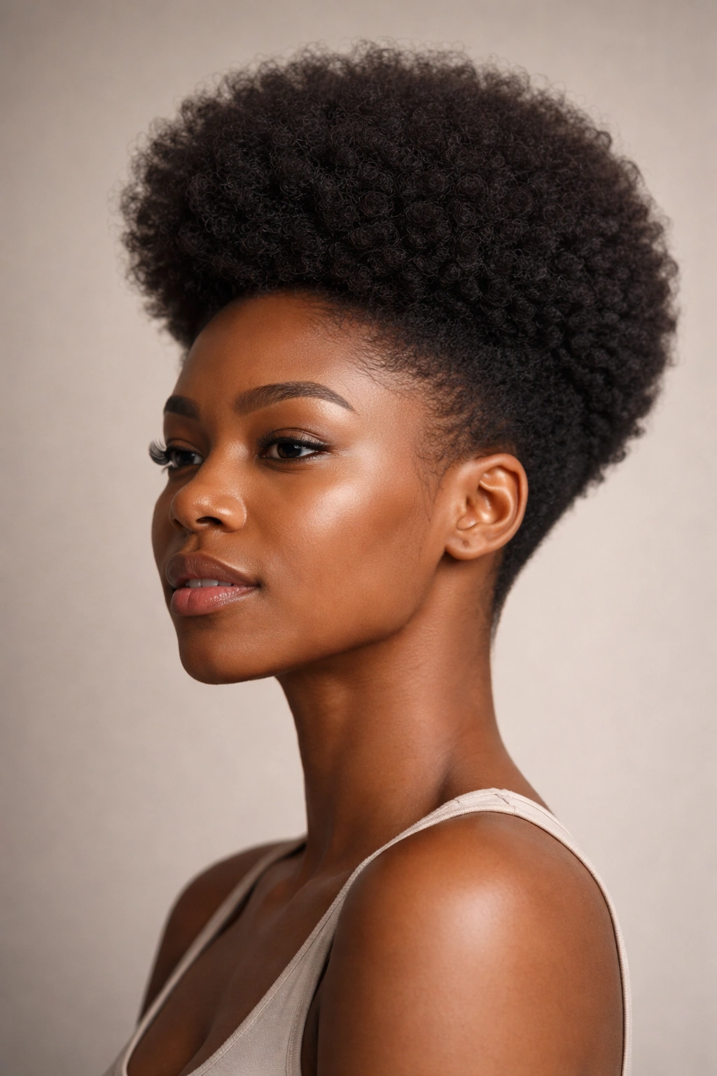 Voluminous crown hairstyle with tapered sides and defined silhouette