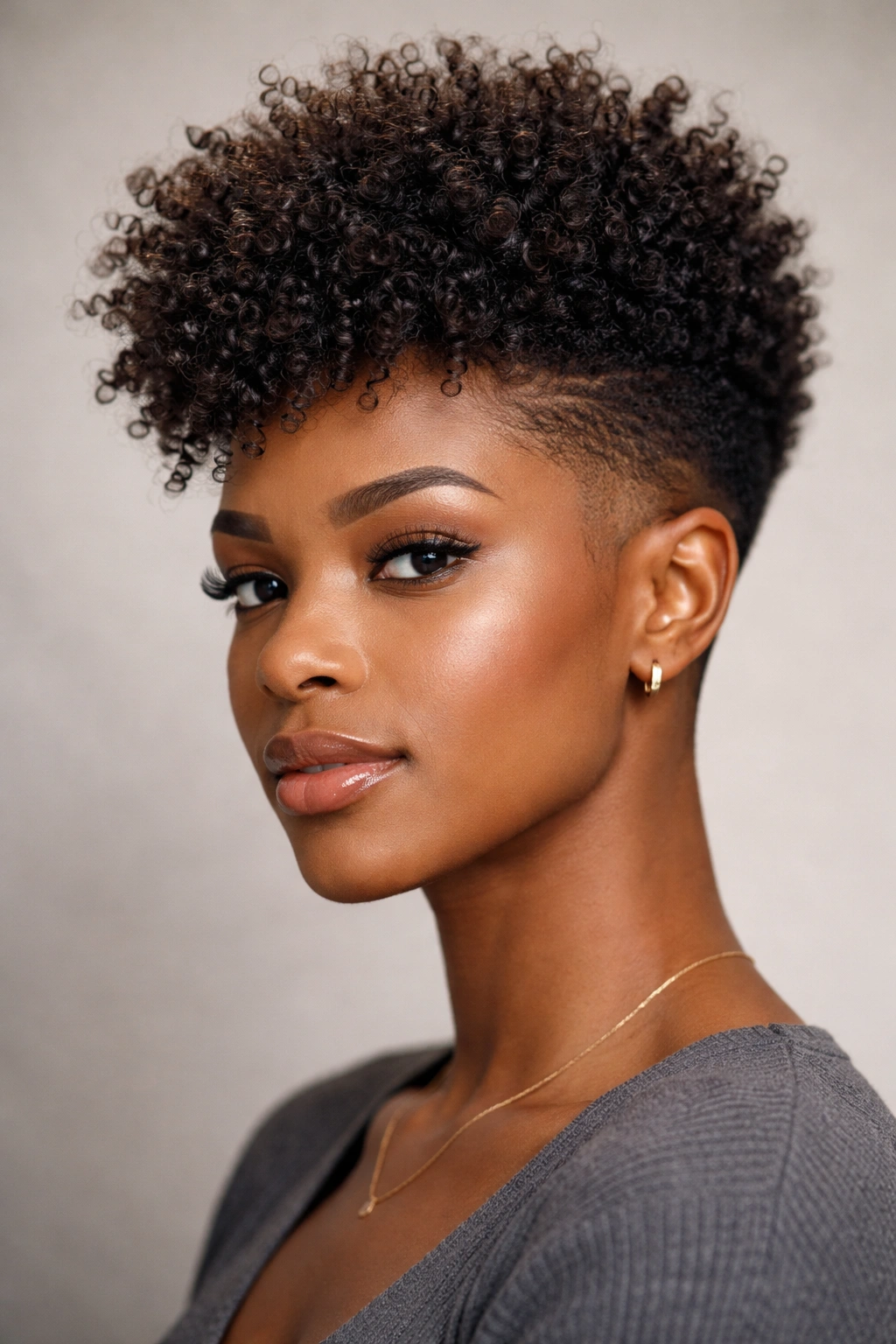 Close-up of a person with a voluminous crown and clean fade on the sides highlighting natural curl texture