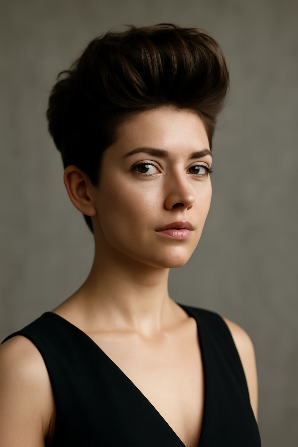 Front-lifted volume hairstyle on short hair in studio