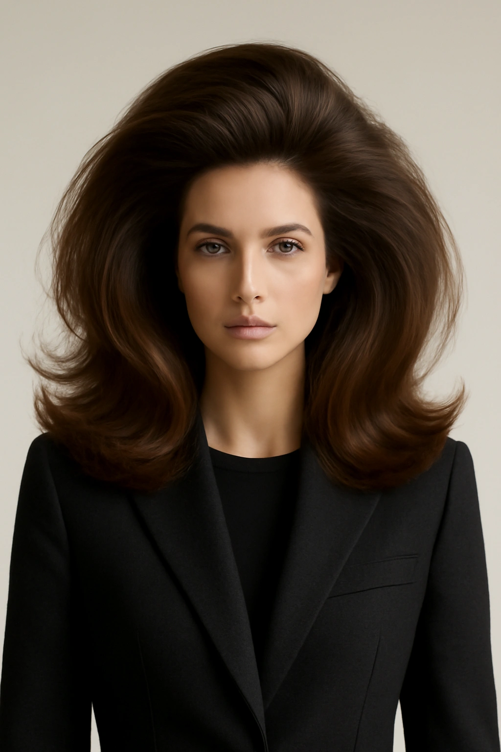 Full voluminous blow-out hairstyle with lifted crown against a neutral studio background