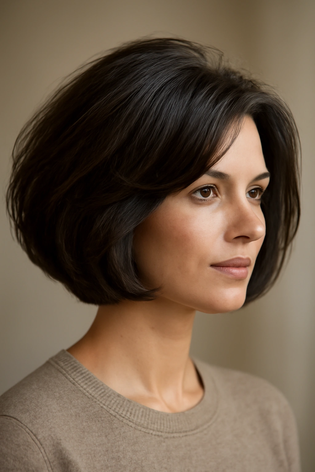 Three-quarter view of a voluminous bob with crown lift and layered ends