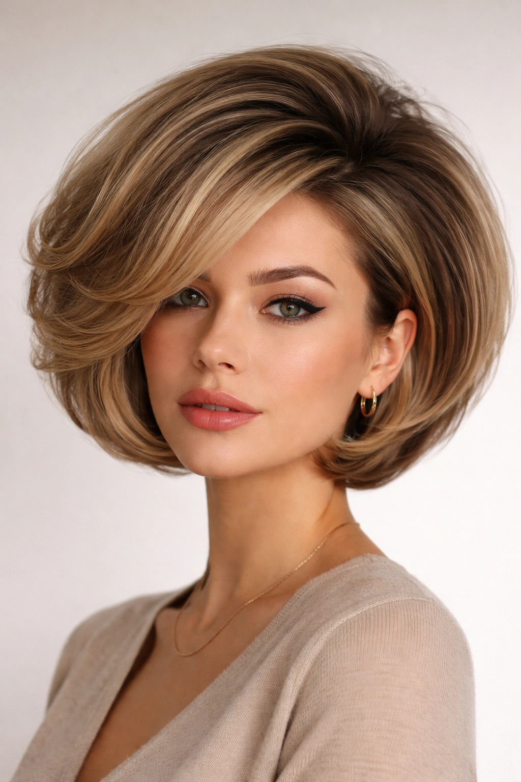Close-up of a voluminous bubble bob with dramatic crown volume
