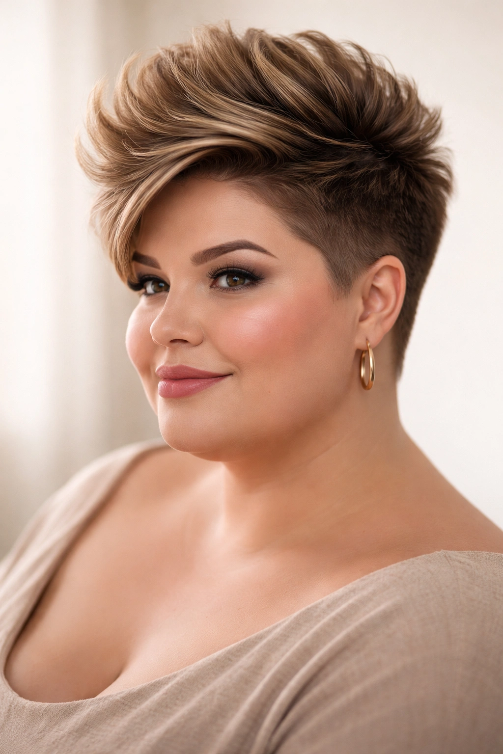 Voluminous crown cut with tall crown height and faded sides in a studio portrait