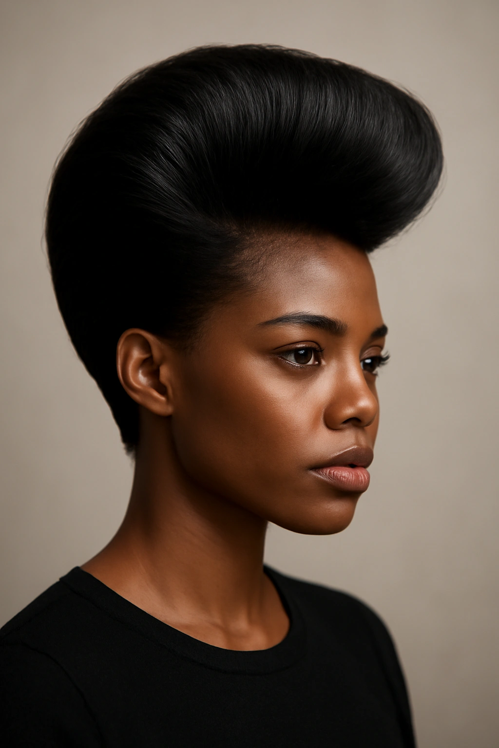 Portrait of The Voluminous Crown Flip With Sleek Sides showing high crown volume and smooth sides