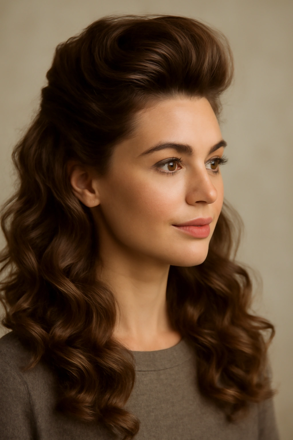 Portrait of a voluminous curled pompadour with waves and body.