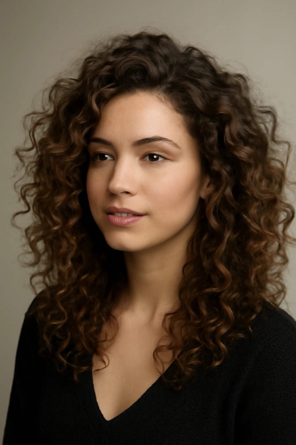 Close-up of voluminous curls with mixed sizes and dimensional waves