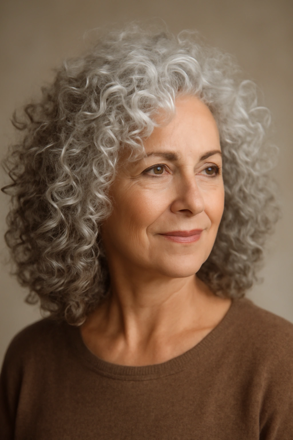 Close-up of an older woman with voluminous curly hair showing natural texture and lift