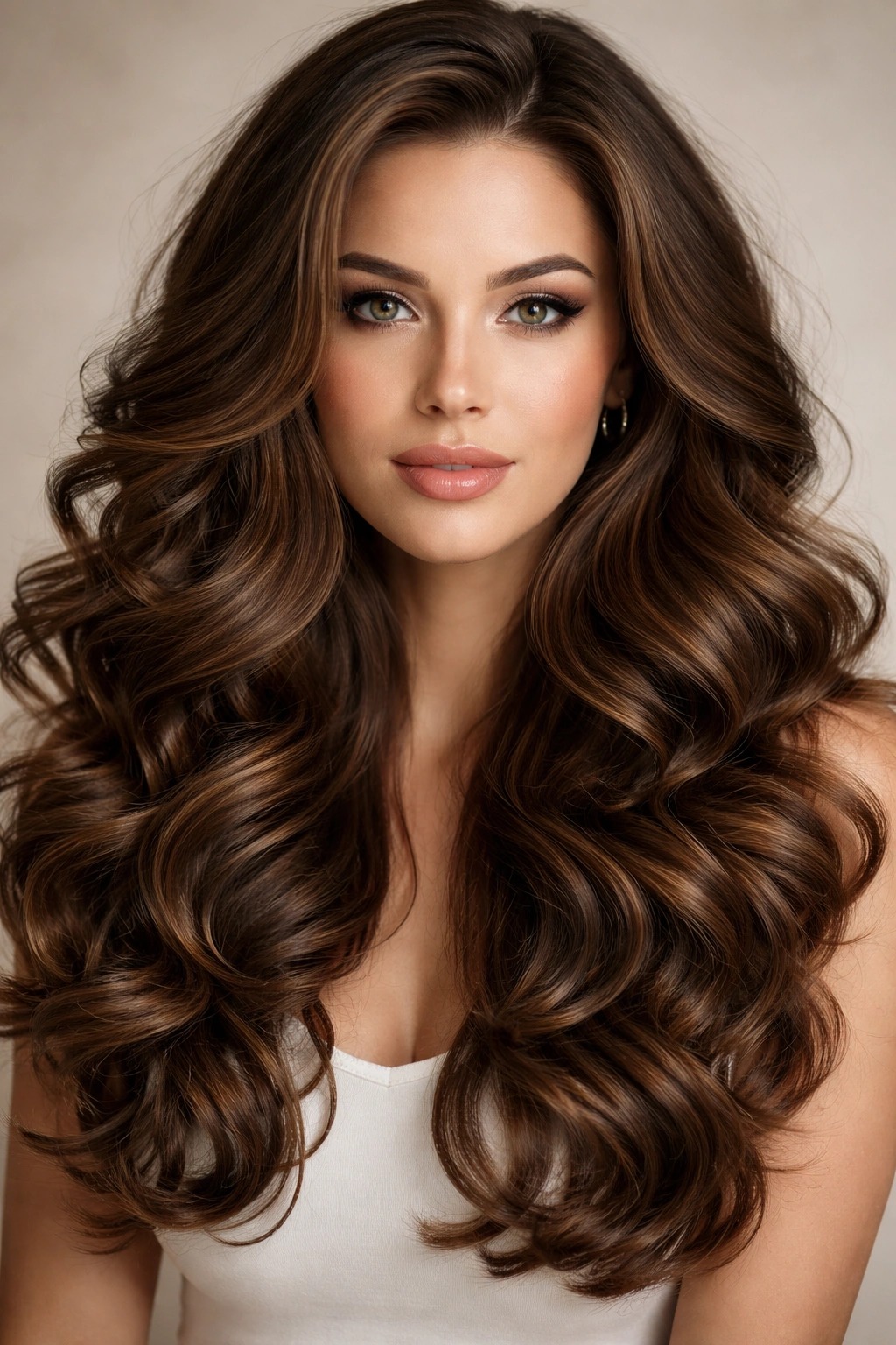 Model with large voluminous curls filling the frame