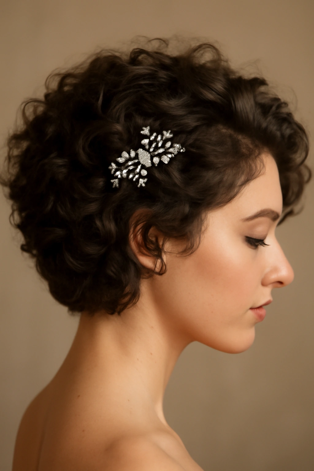 Short hair with voluminous curls and a jeweled comb at the crown