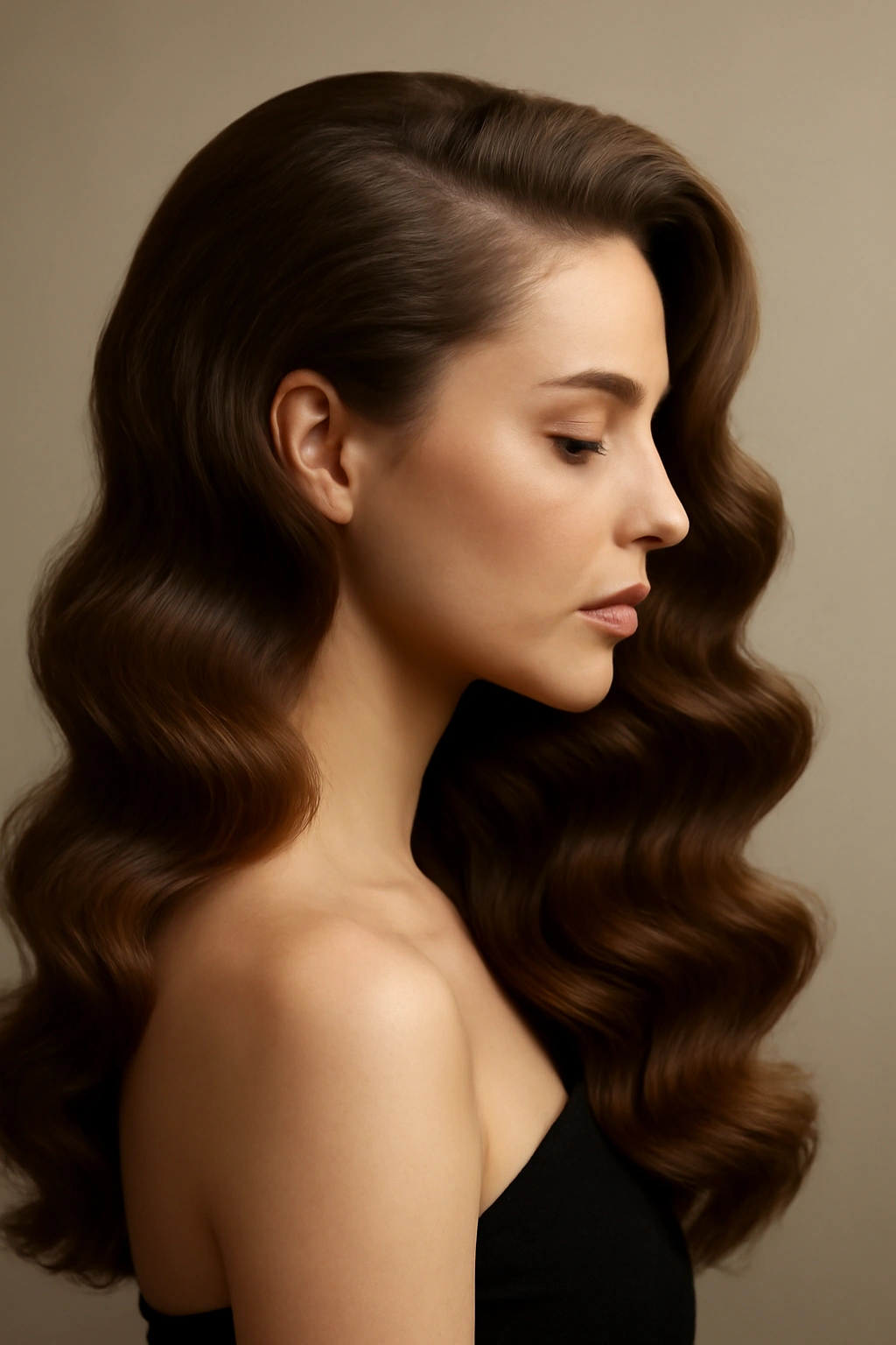 Large loose curls swept to one side with a deep side part