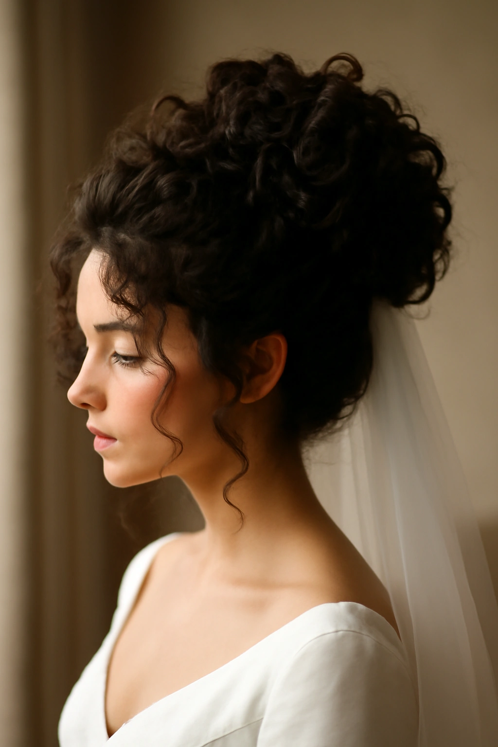 Voluminous curly updo with face-framing tendrils