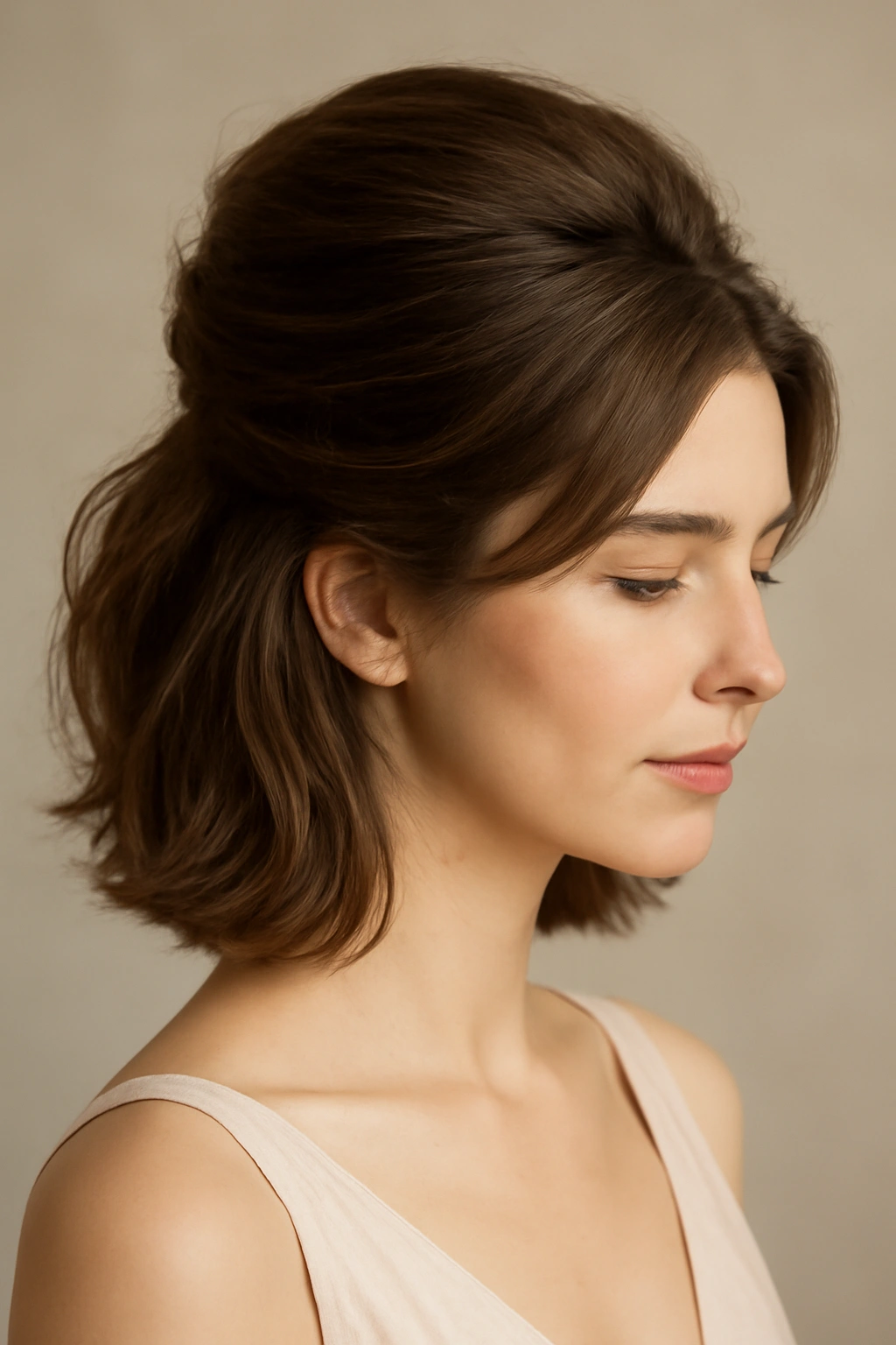 Voluminous half-up style with high crown and remaining hair down