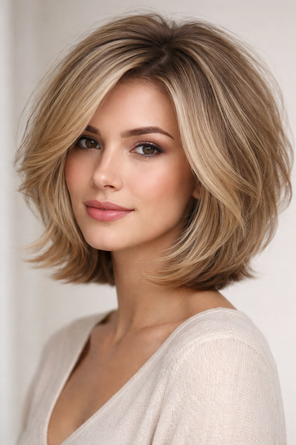 Close-up portrait of a person with a voluminous layered bob for fine hair showing crown lift and fullness