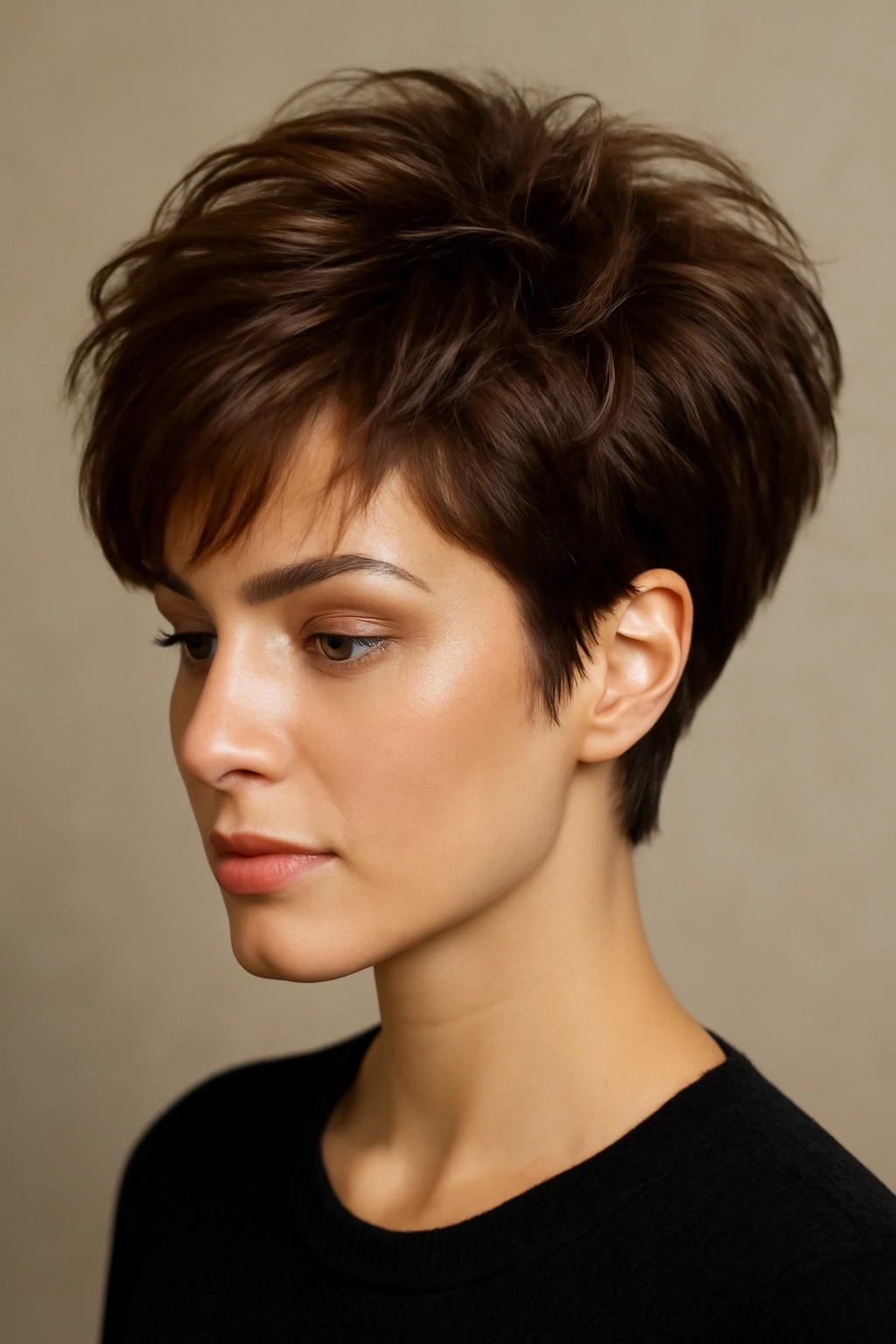 Voluminous layered pixie with height and texture