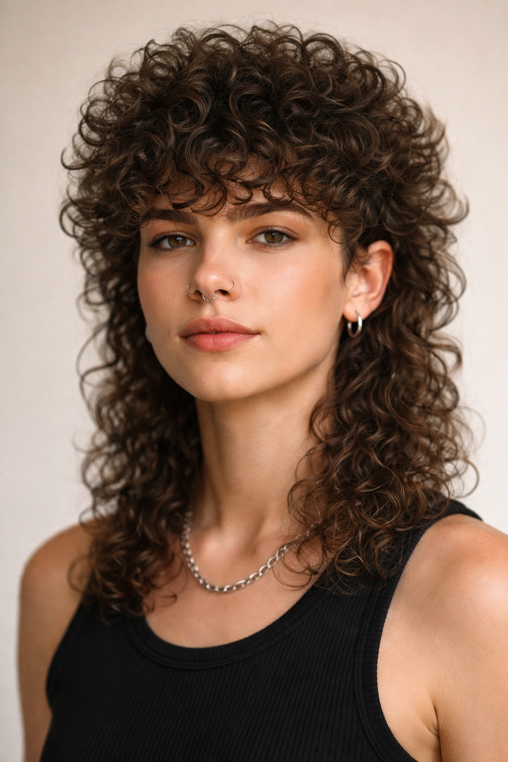 Head-on shot of voluminous perm mullet showing evenly curled texture.