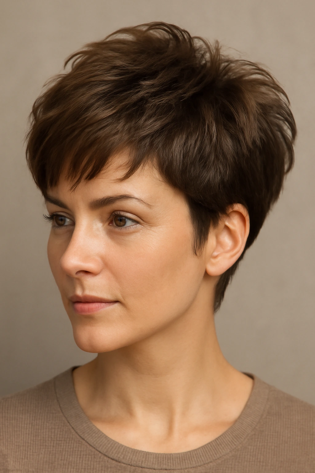 Portrait of voluminous pixie with lifted crown on fine hair