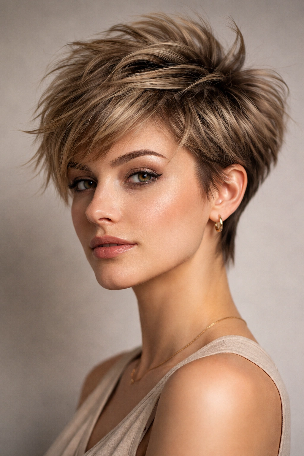 Close-up portrait of a voluminous textured pixie cut with choppy layers and lifted crown.