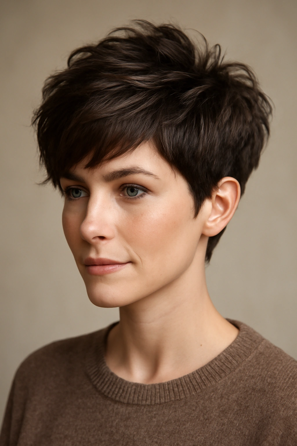 Portrait of a voluminous textured pixie with lift in the crown