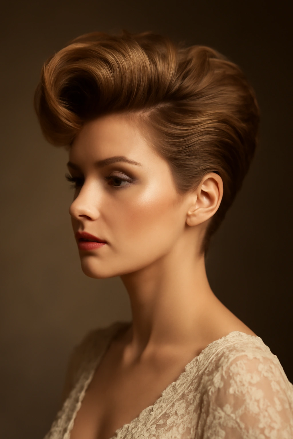 Voluminous pixie with high crown and vintage Hollywood styling