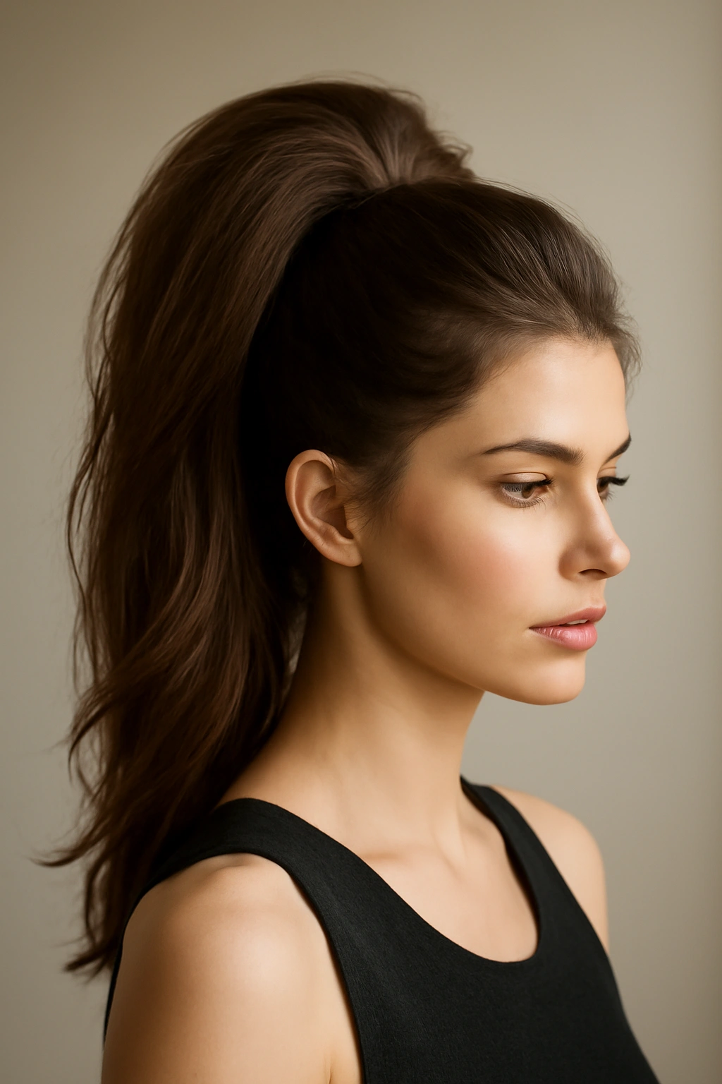 High voluminous ponytail with teased crown and full texture