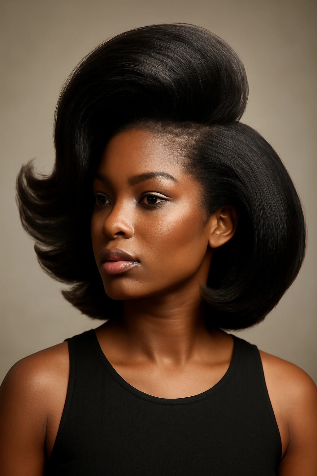 Side view of a voluminous flip hairstyle with dramatic height and a one-sided silhouette