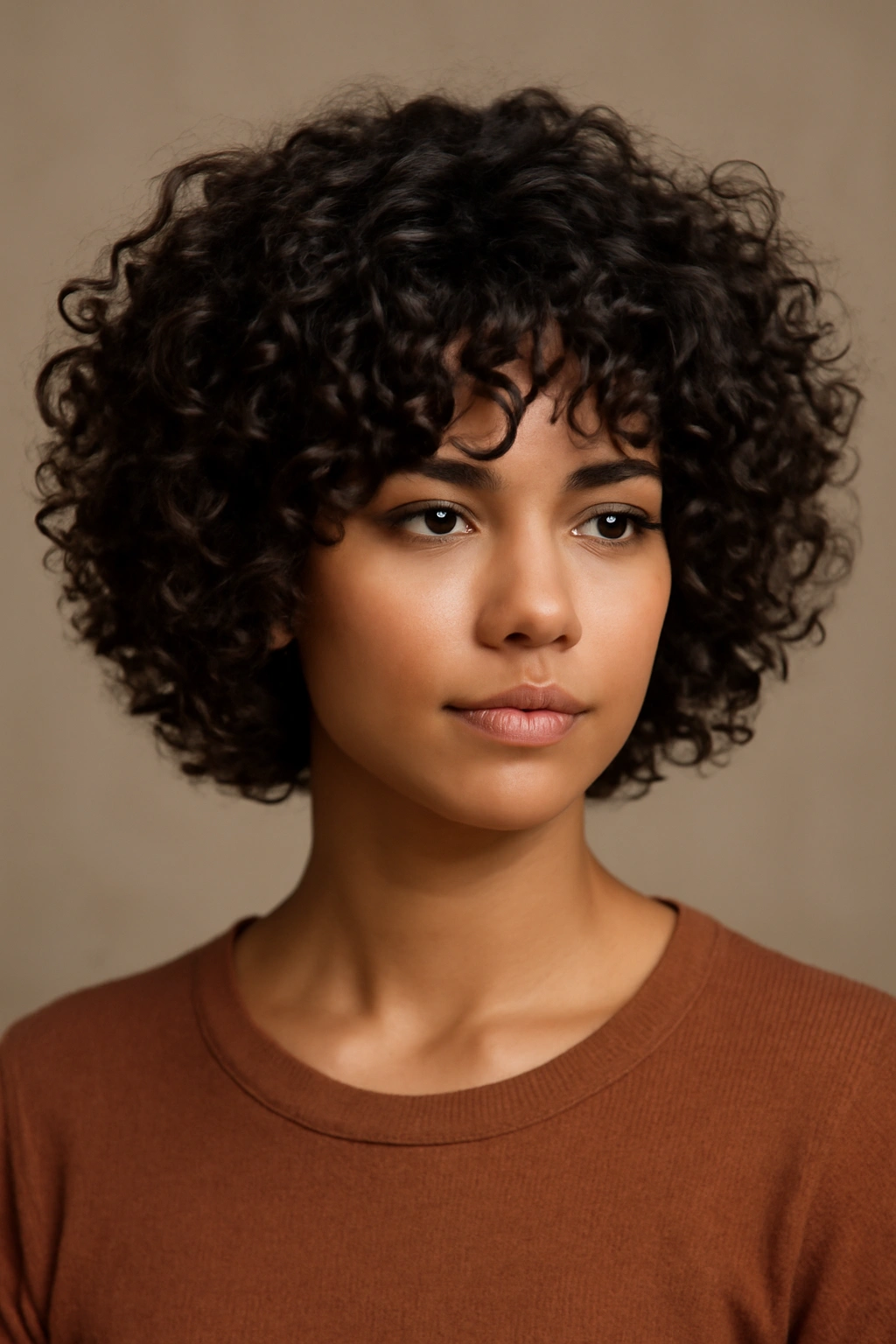 Curly-haired model with voluminous textured bob showing defined curls.