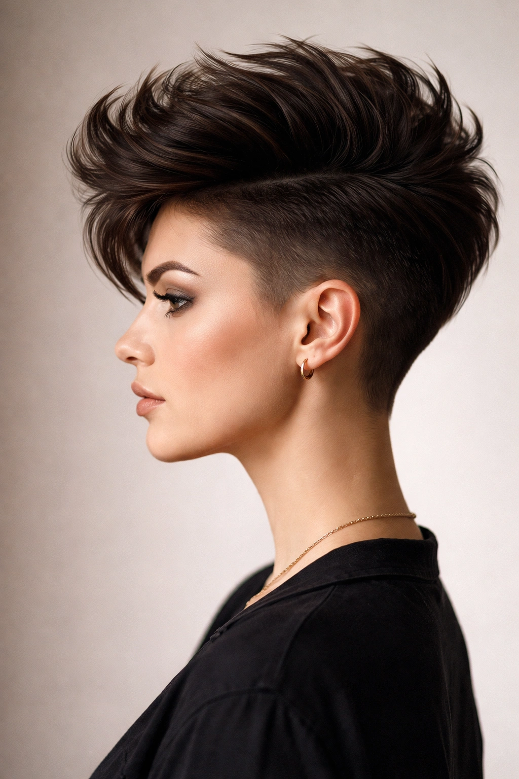 Profile shot of a pixie with an undercut and a voluminous top.