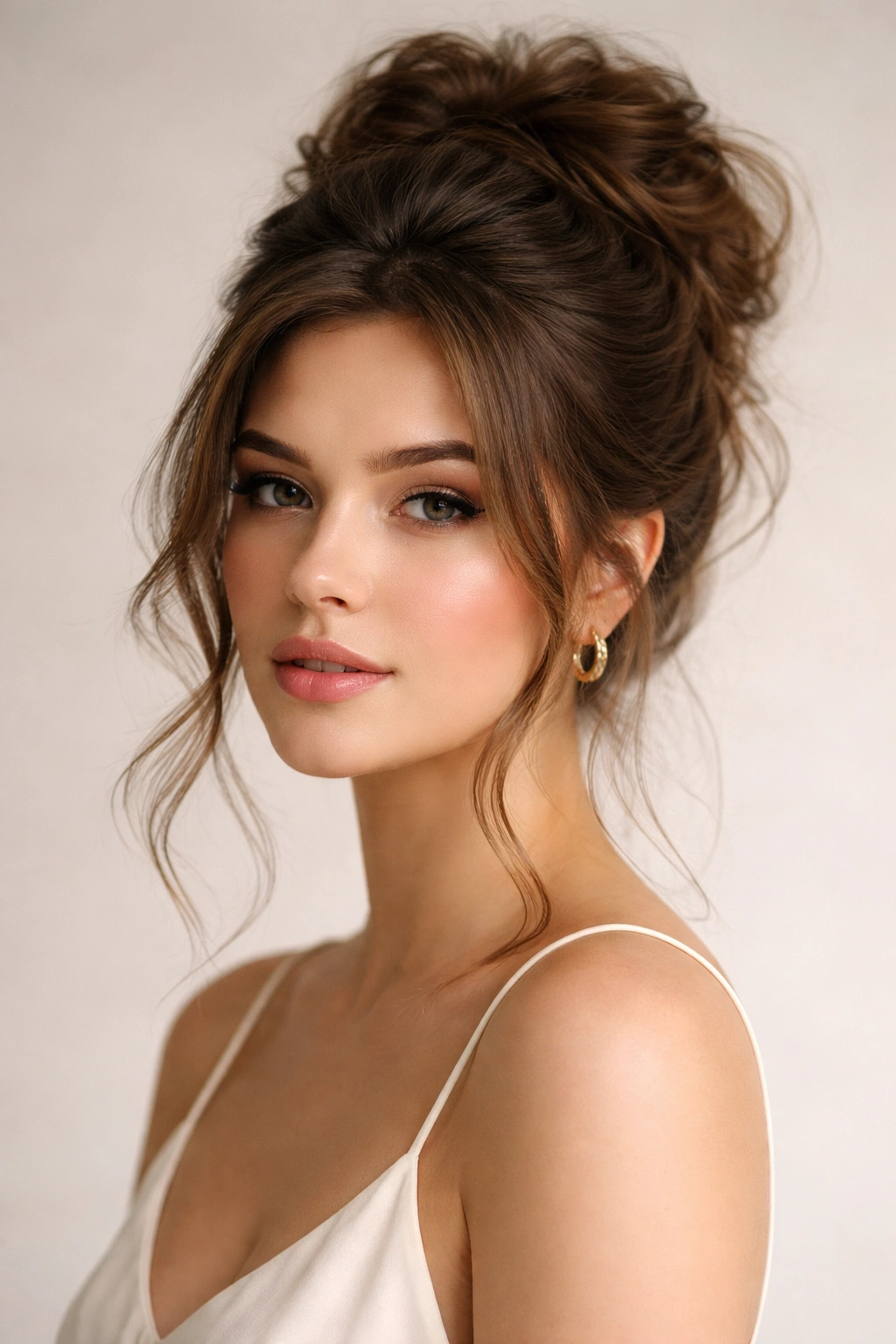 Portrait of a person with voluminous updo and soft face-framing pieces