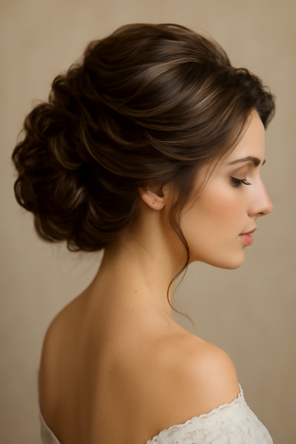 Close-up of bridal voluminous waves styled into a full updo with textured waves