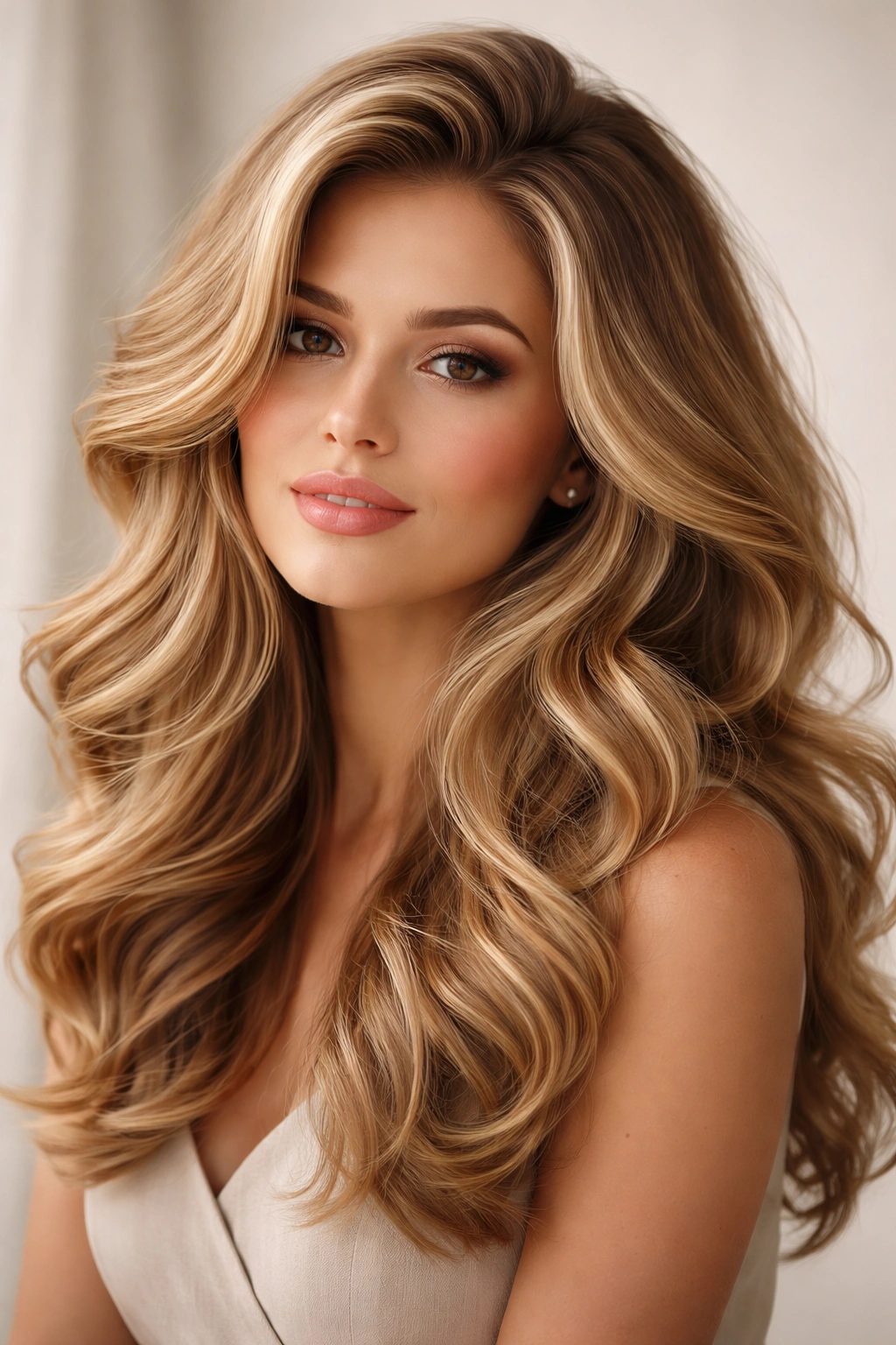 Portrait of a model with voluminous waves and crown volume for a flattering round-face look