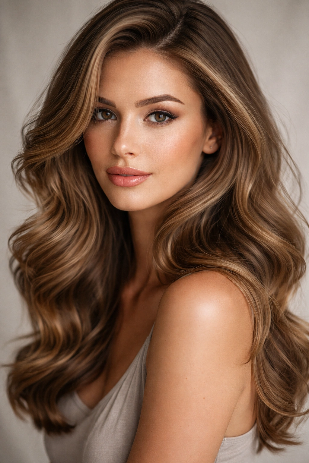 Close-up of a model with voluminous loose waves and a deep side part framing the cheekbones