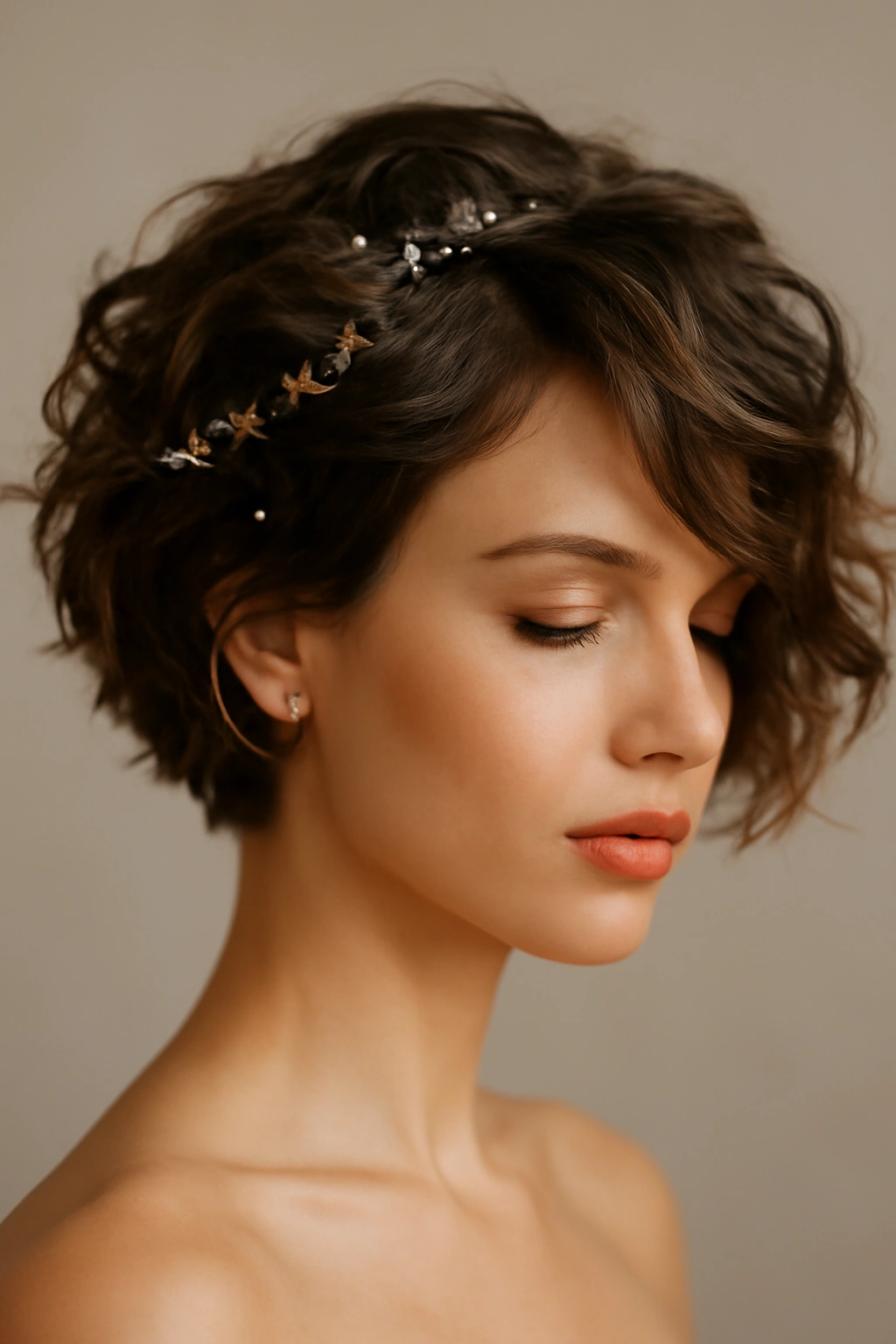 Close-up of short hair with voluminous waves and hair jewelry