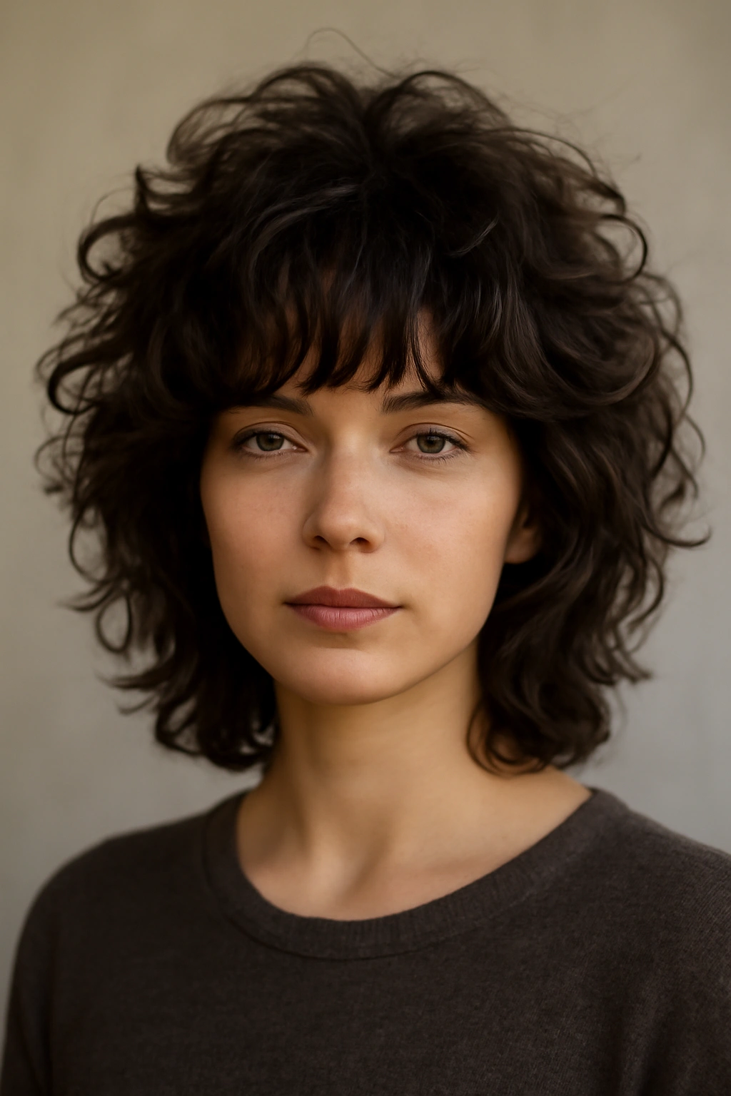 Portrait of someone with voluminous wavy shag and lifted crown.