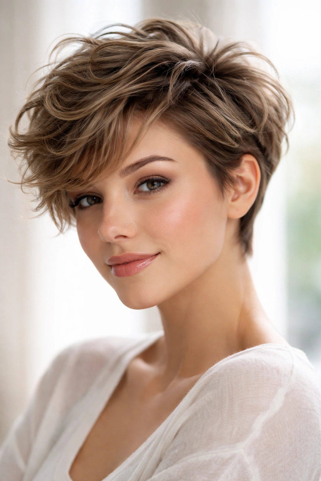 Model with voluminous wavy pixie showing lifted crown and defined waves