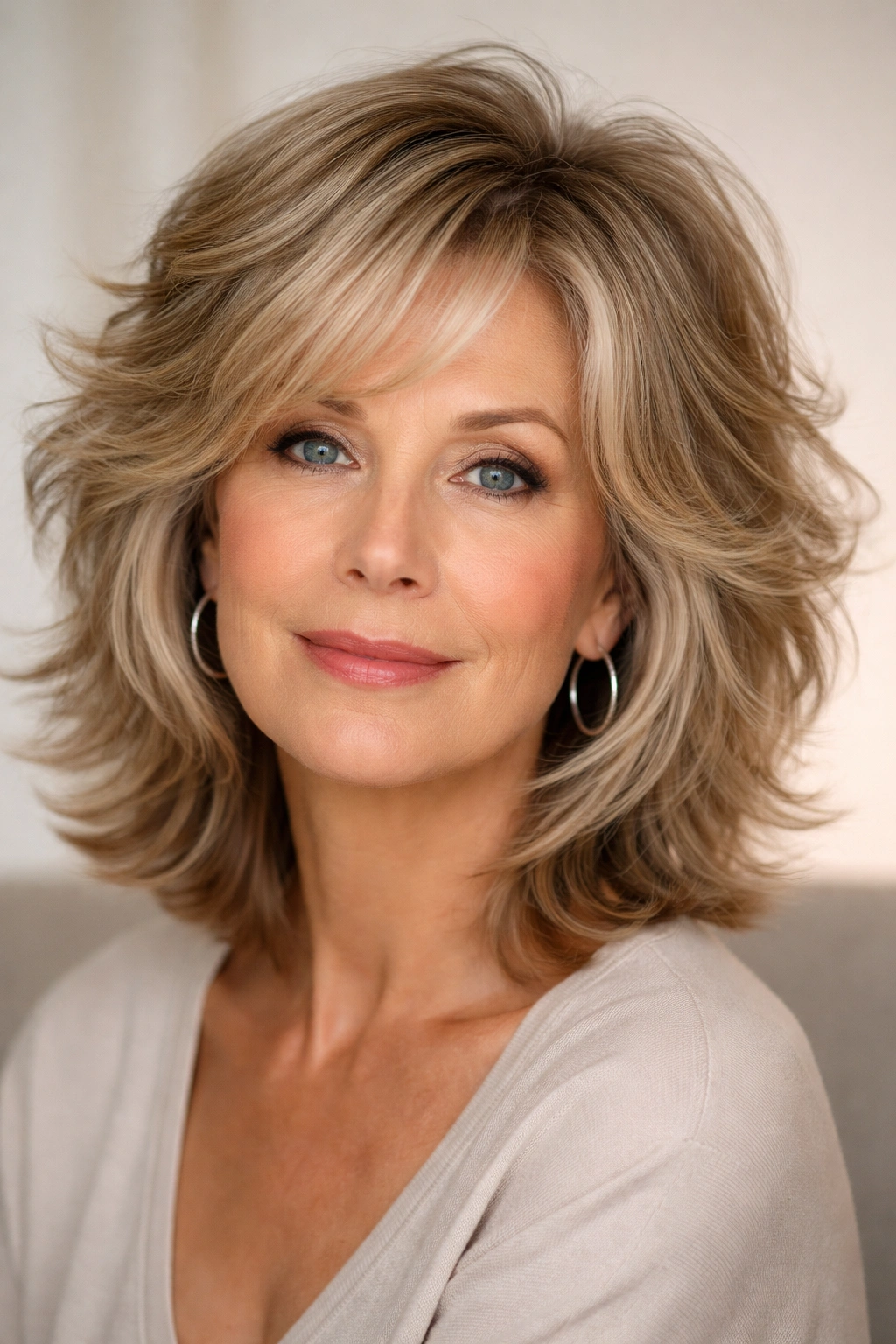 Volumized shag hairstyle with shorter layers around the face on a diamond-faced model