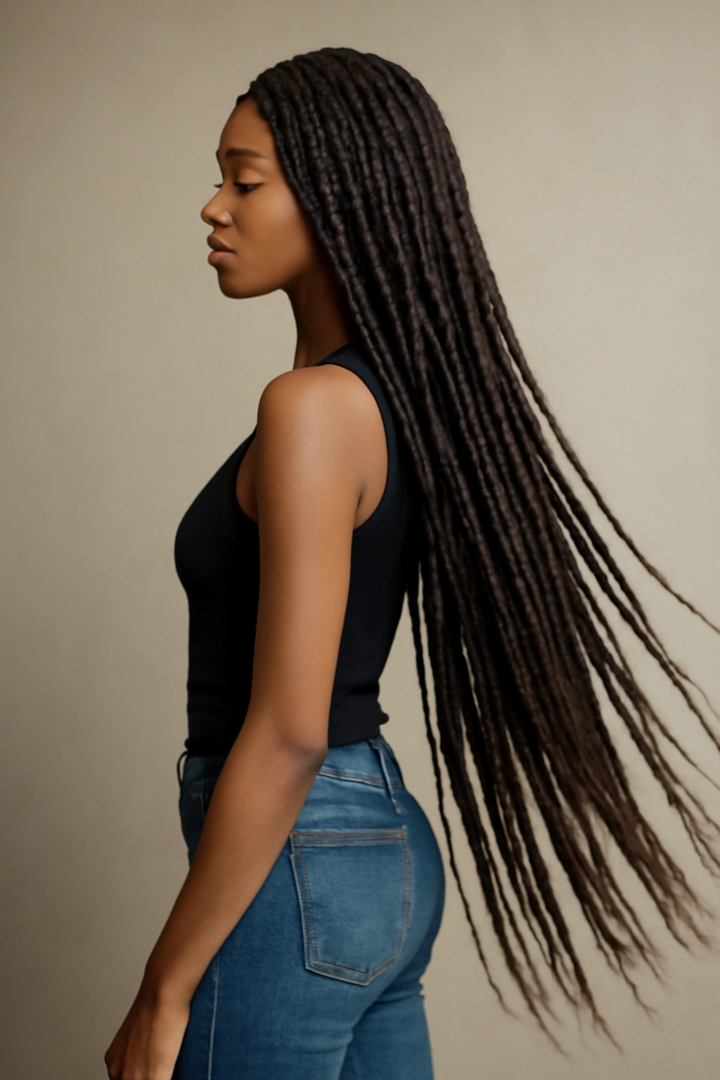 Waist-length box braids cascading down the body