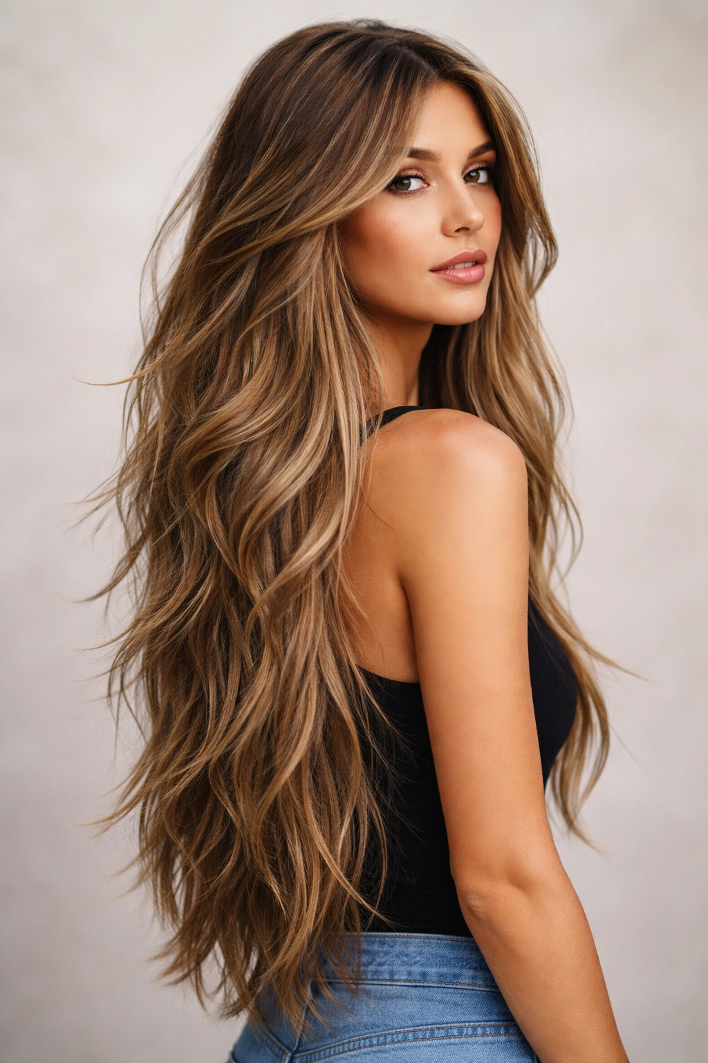 Waist-length hair with choppy layers creating movement and texture