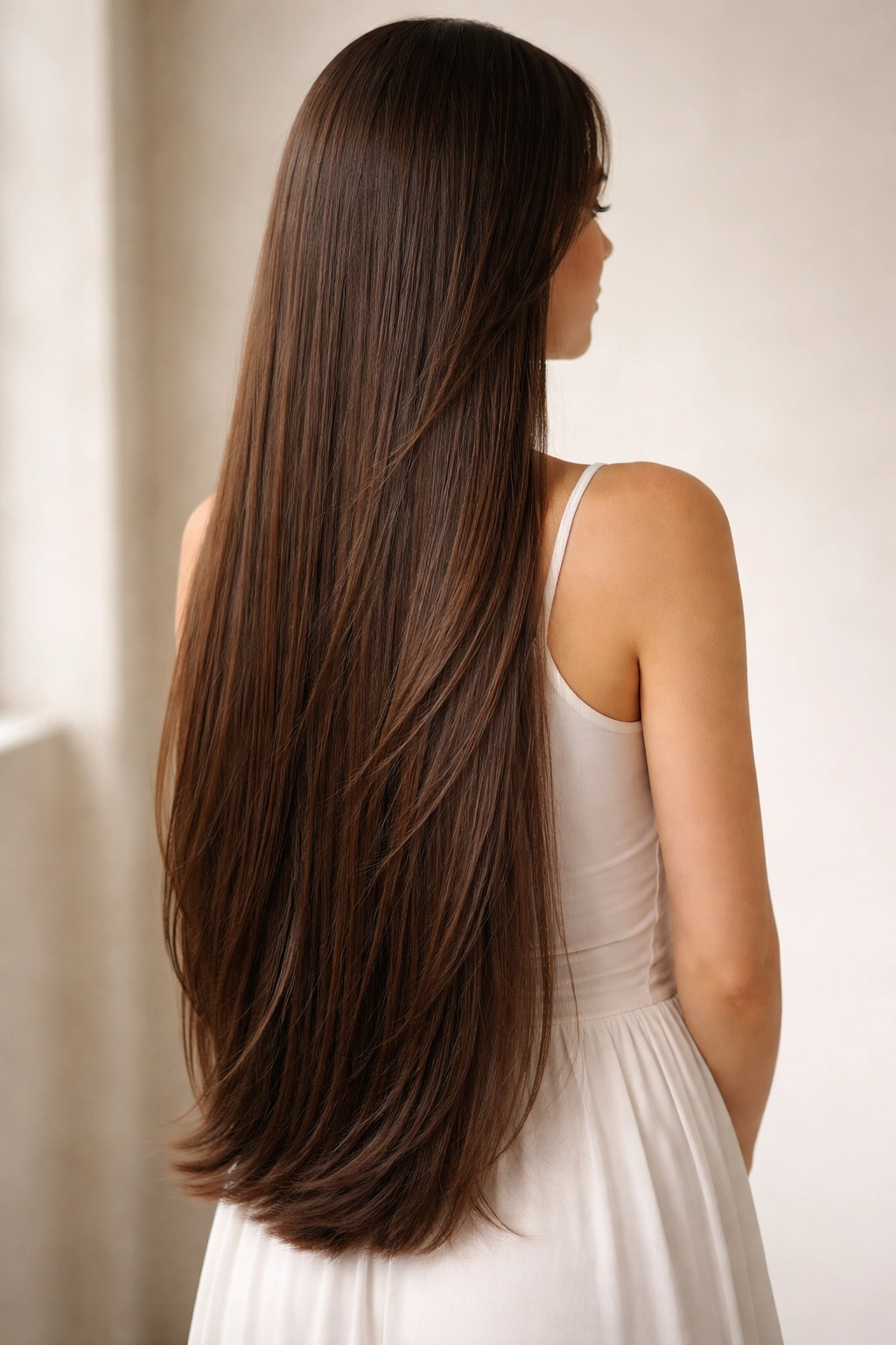 Waist-length hair with minimal layers showing a smooth, long silhouette