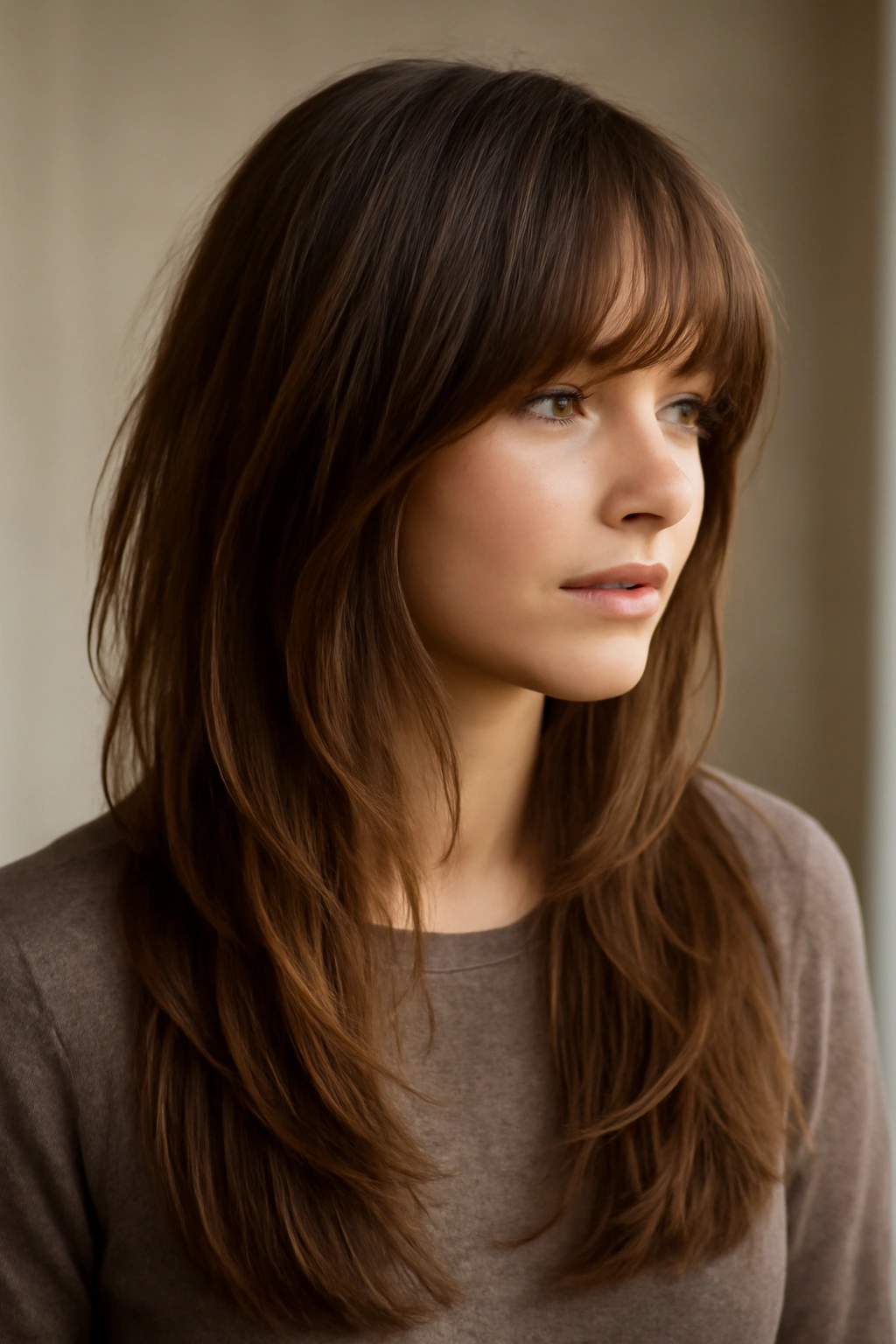 Waist-length layered hair with long bangs framing the face